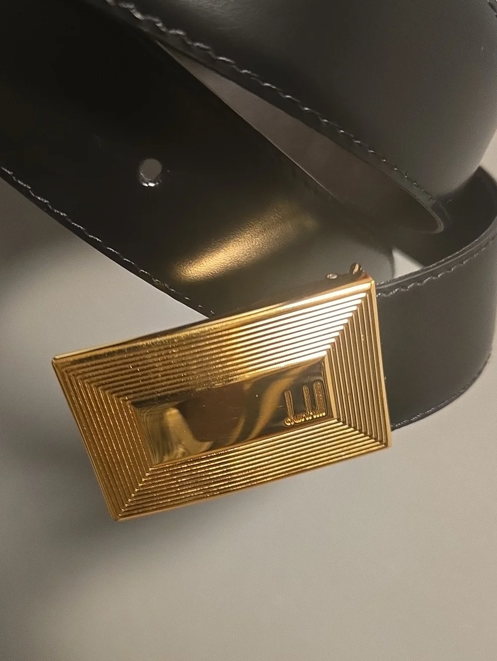 Dunhill Black Leather Belt with Gold Tone Geometric Buckle